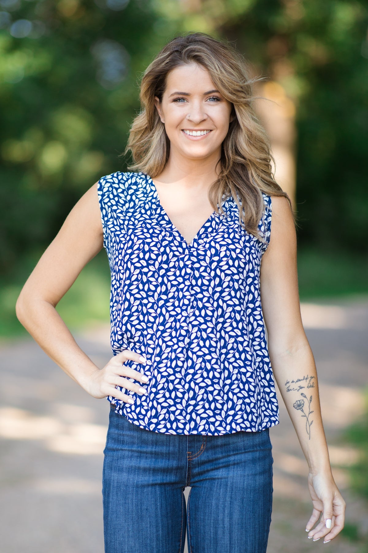 Navy and Ivory Abstract Print V-Neck Tank - Filly Flair