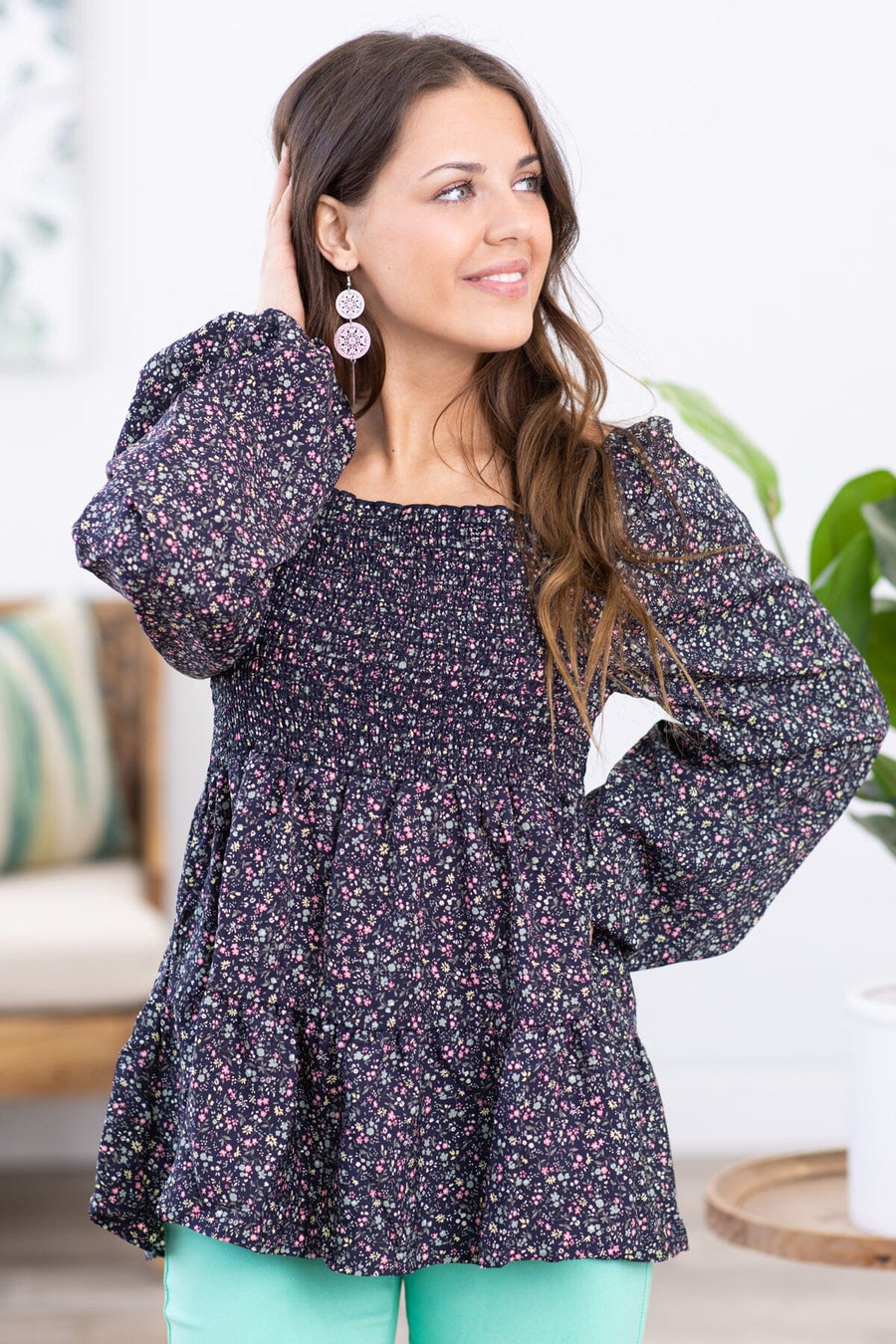Navy Ditsy Floral Smocked Bodice Top - Filly Flair