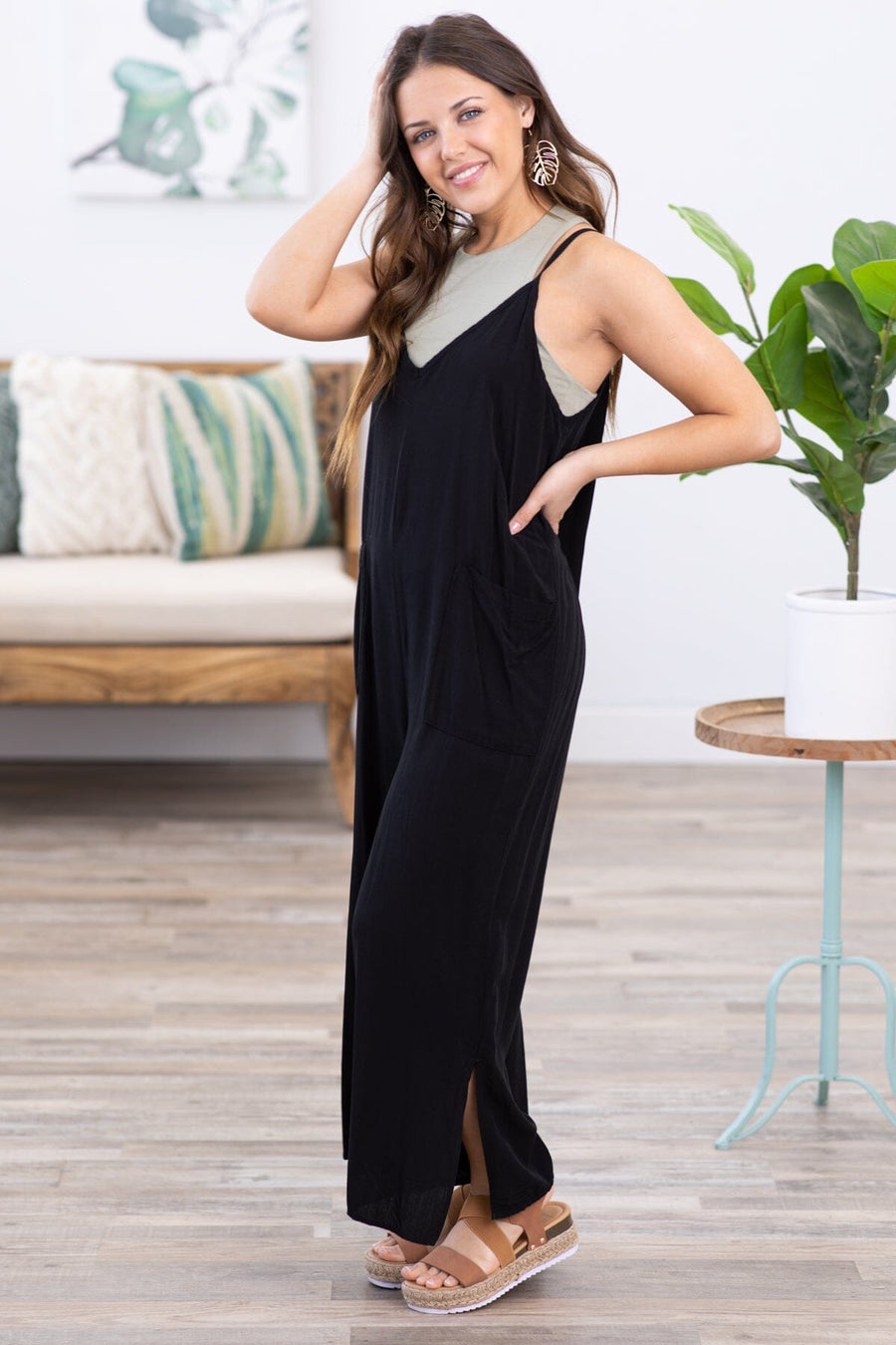 Black Wide Leg Jumpsuit With Pockets - Filly Flair