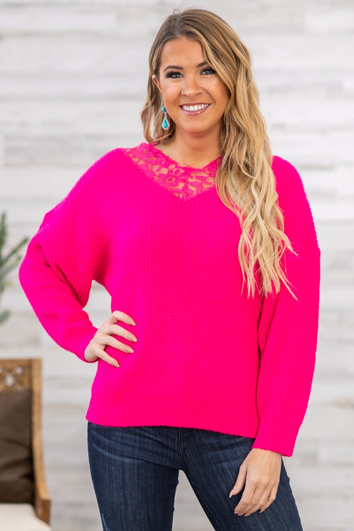 Hot Pink Lace Trim Rib Knit Sweater - Filly Flair