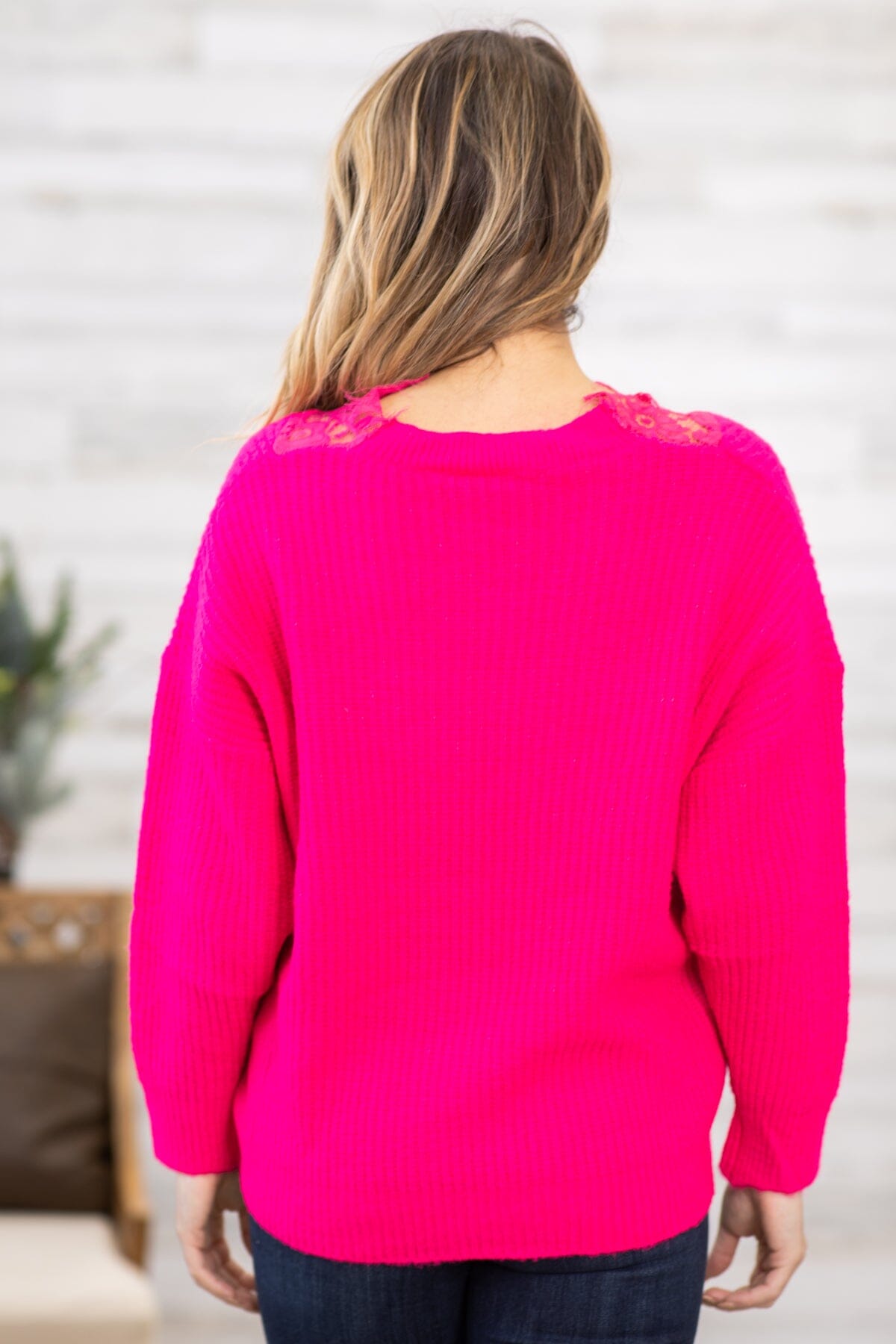 Hot Pink Lace Trim Rib Knit Sweater - Filly Flair