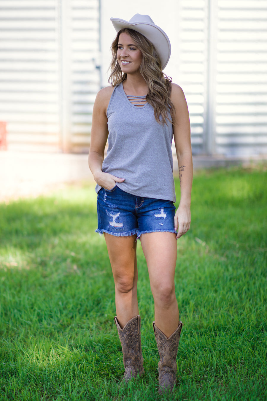 Ash Grey Tank With Front Cutouts - Filly Flair