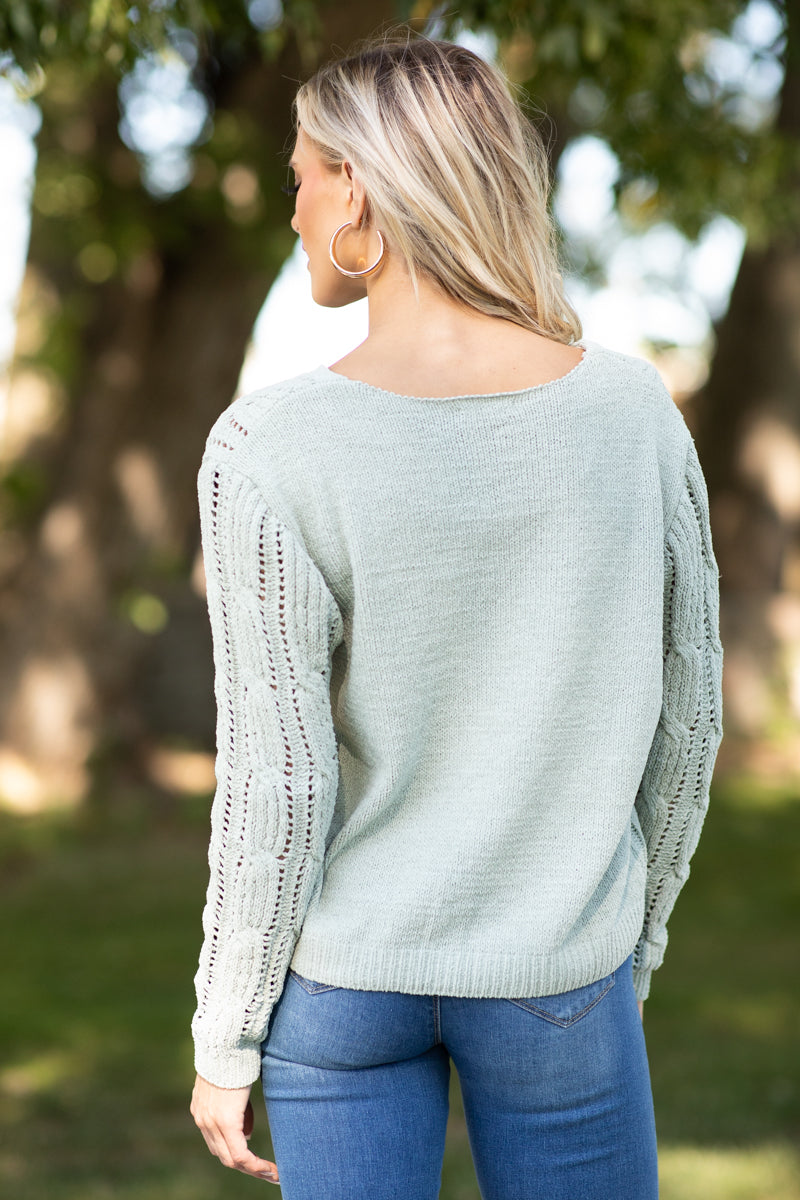 Sage Cable Knit V-Neck Sweater - Filly Flair
