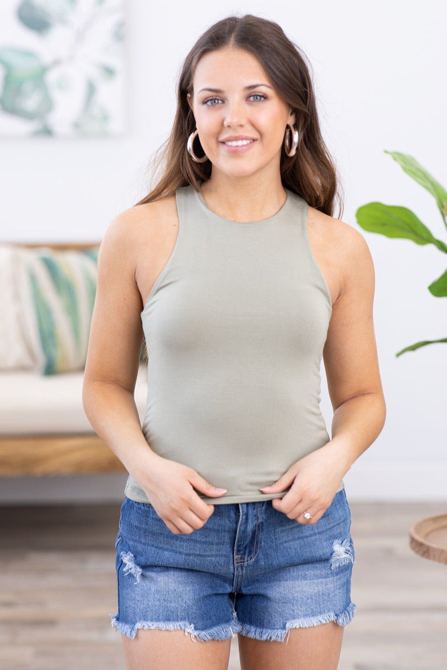 Light Sage High Neck Double Layer Knit Tank - Filly Flair