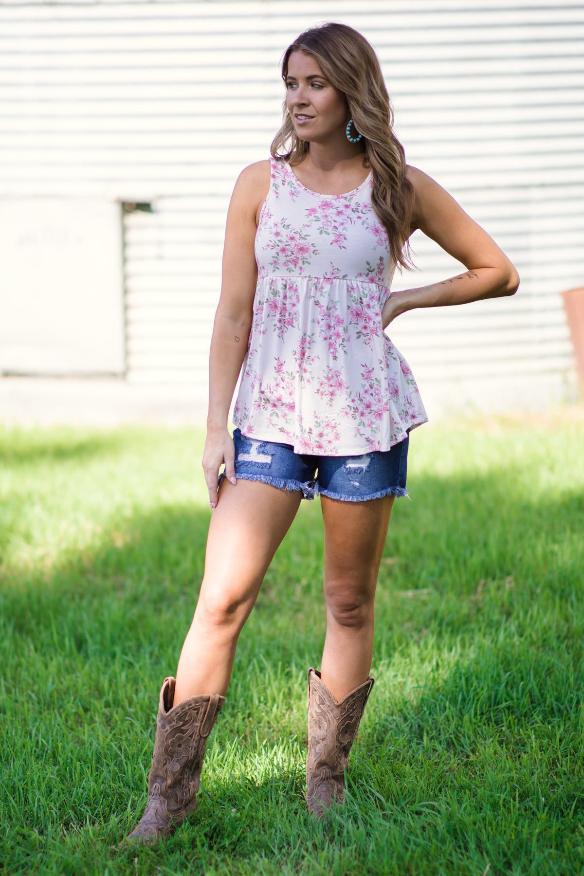 Cream and Dusty Rose Floral Babydoll Tank - Filly Flair
