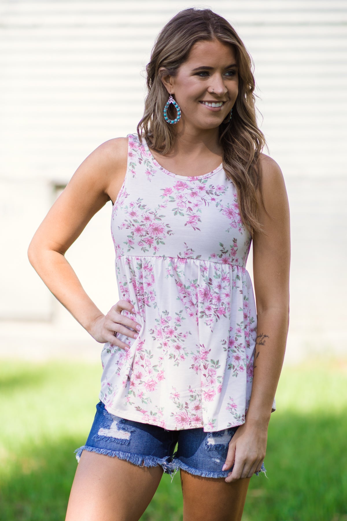 Cream and Dusty Rose Floral Babydoll Tank - Filly Flair