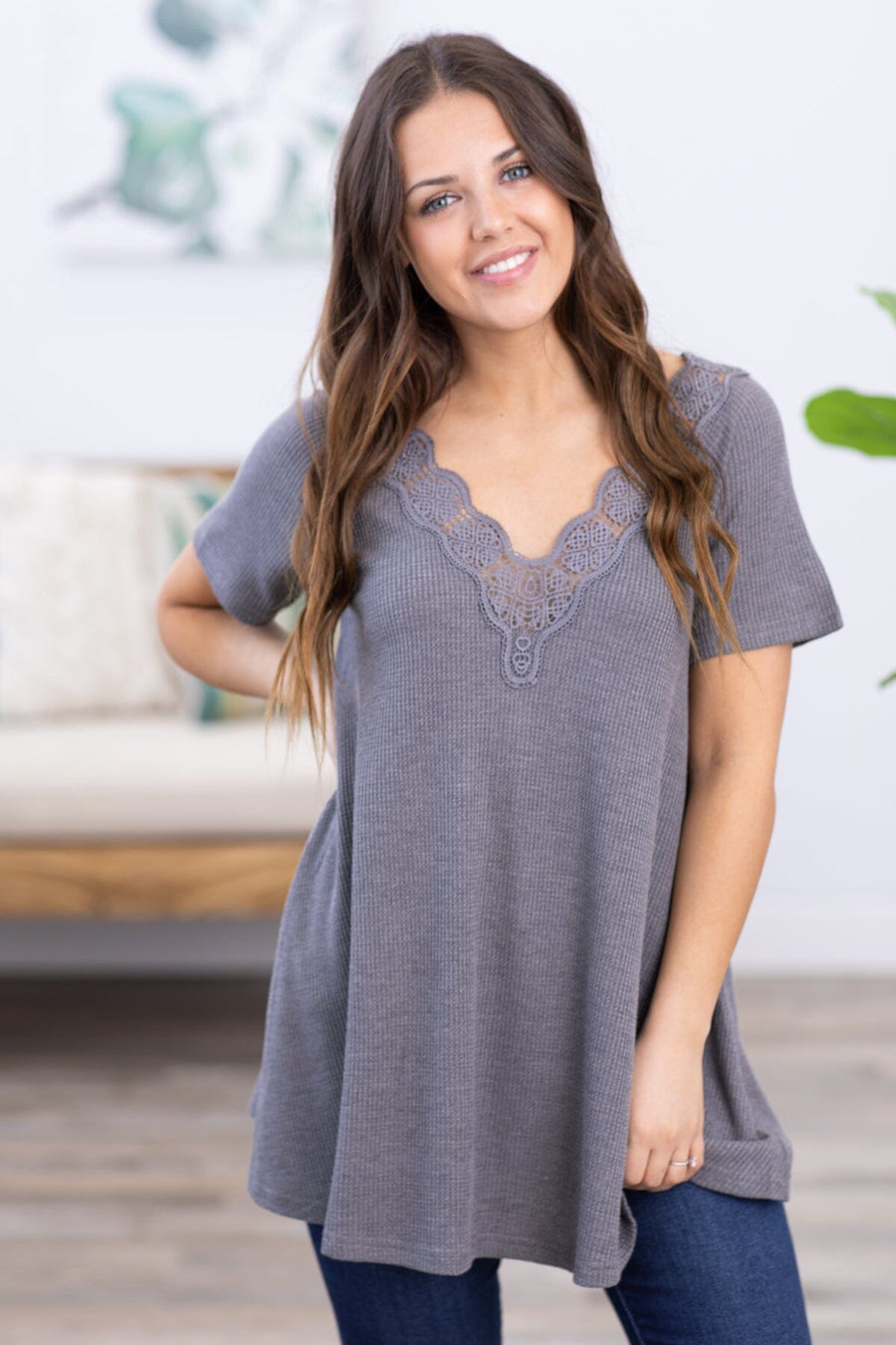 Grey Waffle Knit Top With Lace Trim - Filly Flair