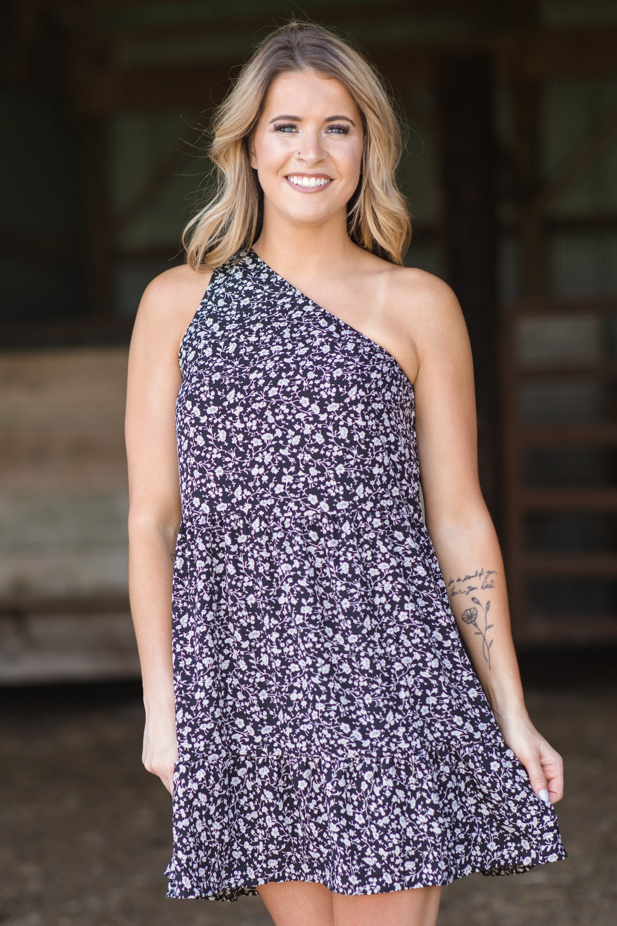 Black One Shoulder Floral Print Dress - Filly Flair