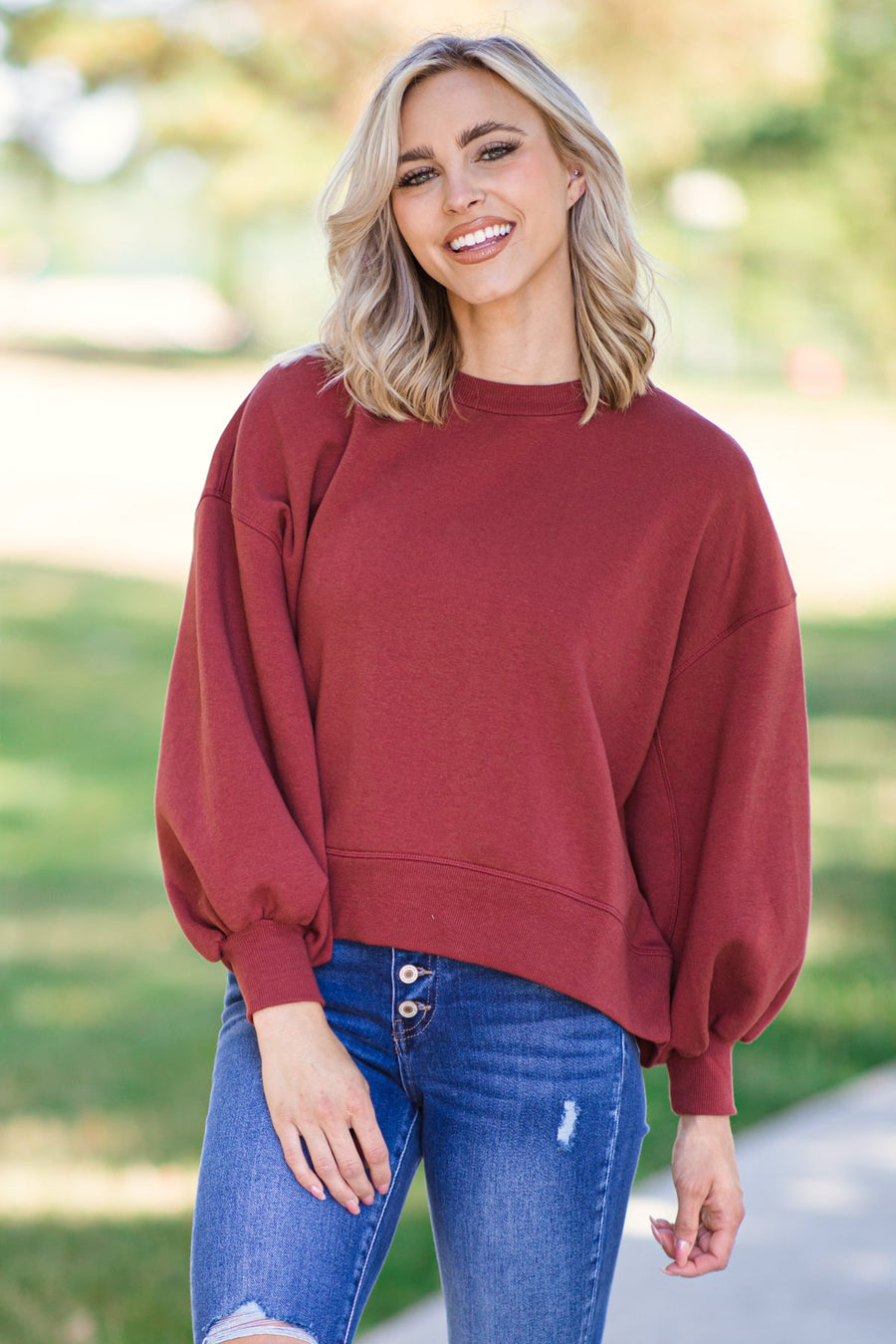 Burgundy Balloon Sleeve Sweatshirt - Filly Flair
