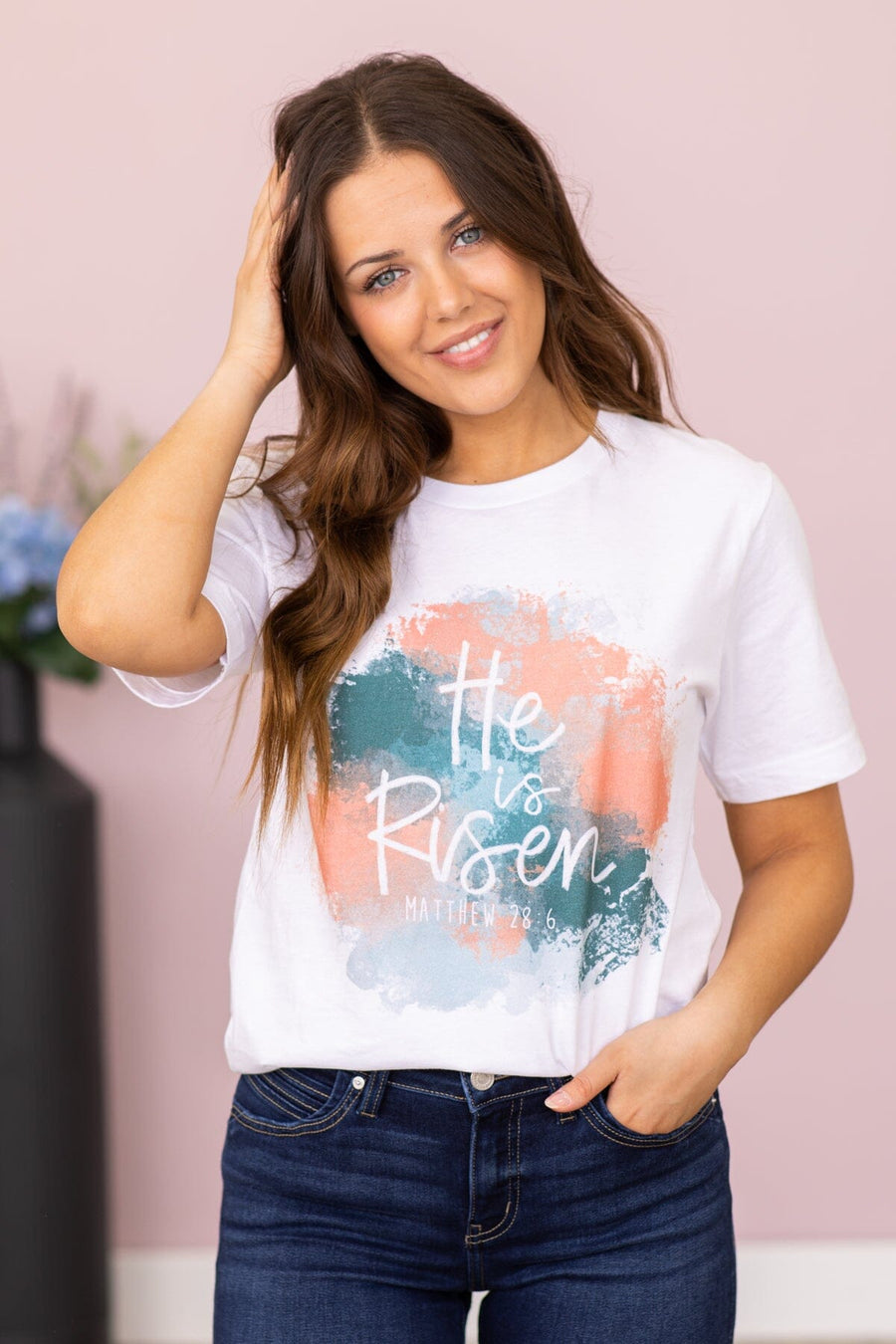 White Watercolor He Is Risen Graphic Tee - Filly Flair