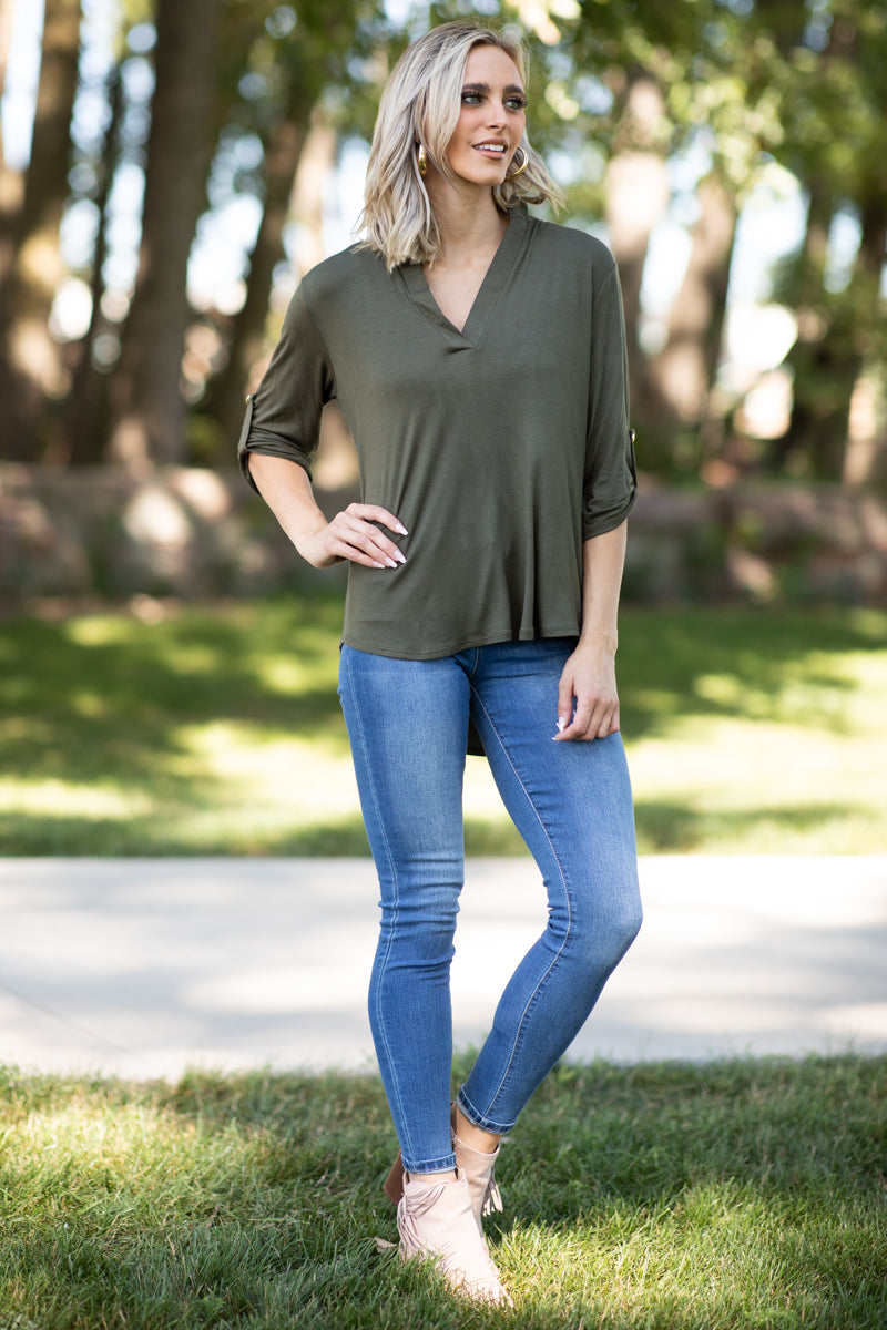 Olive Tab Sleeve Notch Neck Top - Filly Flair