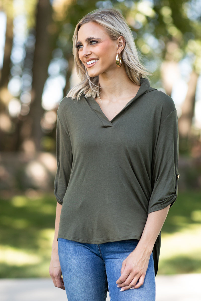 Olive Tab Sleeve Notch Neck Top - Filly Flair