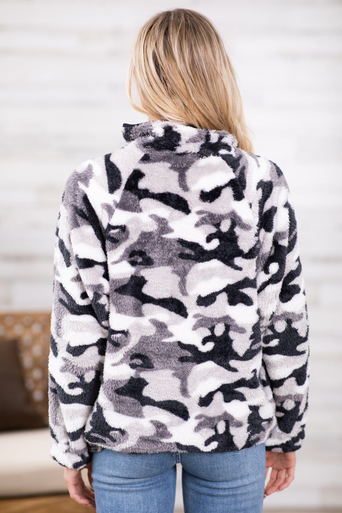 Black and Grey Camouflage Sherpa Pullover - Filly Flair