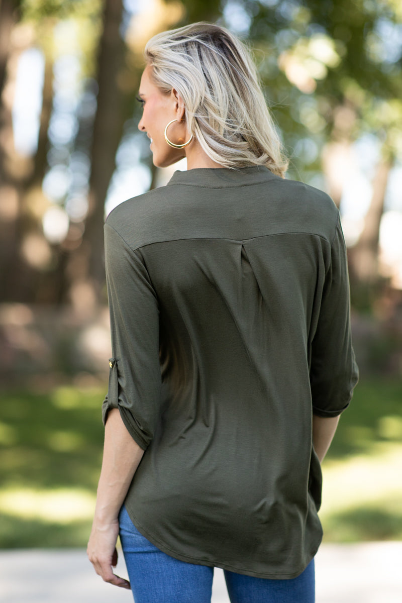 Olive Tab Sleeve Notch Neck Top - Filly Flair