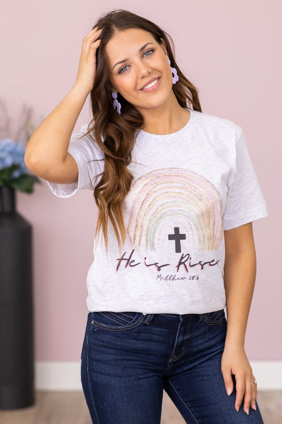 Light Grey He Is Risen Rainbow Graphic Tee - Filly Flair