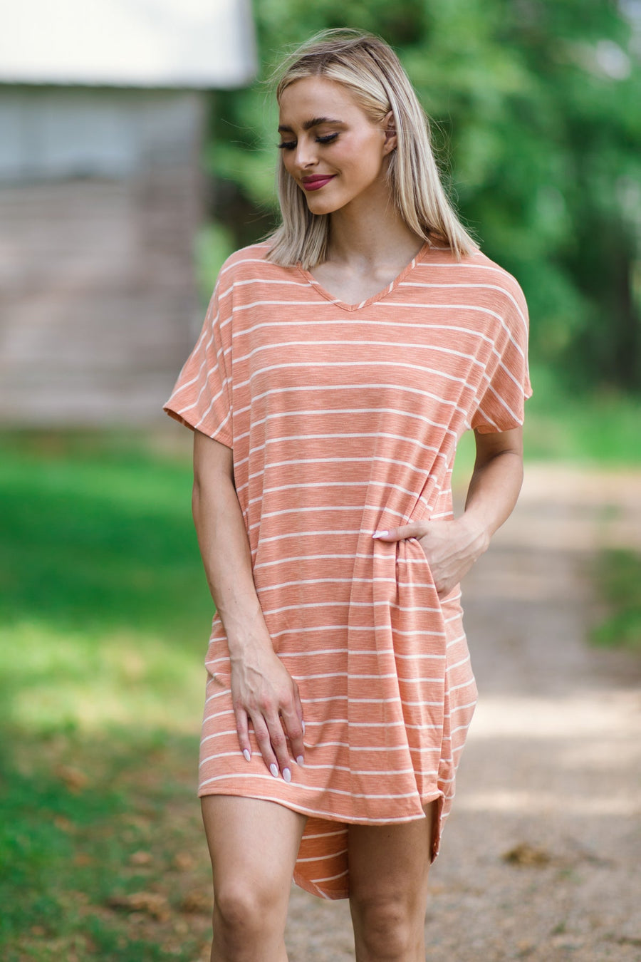 Orange and White Stripe Short Sleeve Dress - Filly Flair