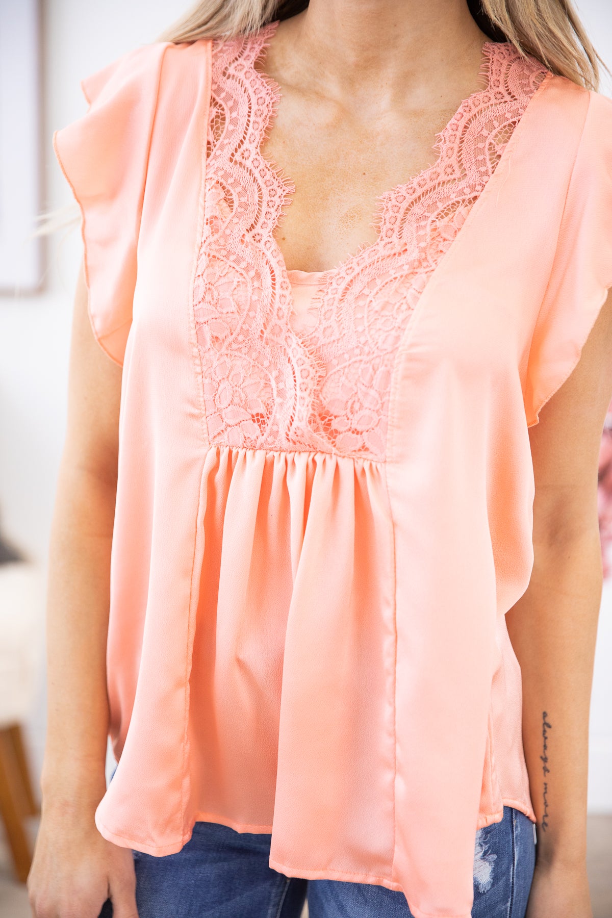 Salmon Lace Detail Flutter Sleeve Top - Filly Flair
