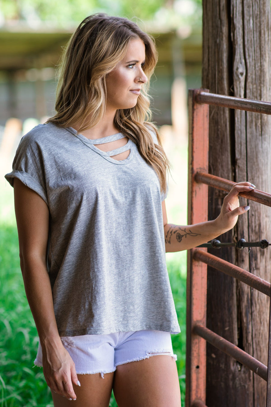 Light Grey Cuff Sleeve Top With Cutout Detail - Filly Flair