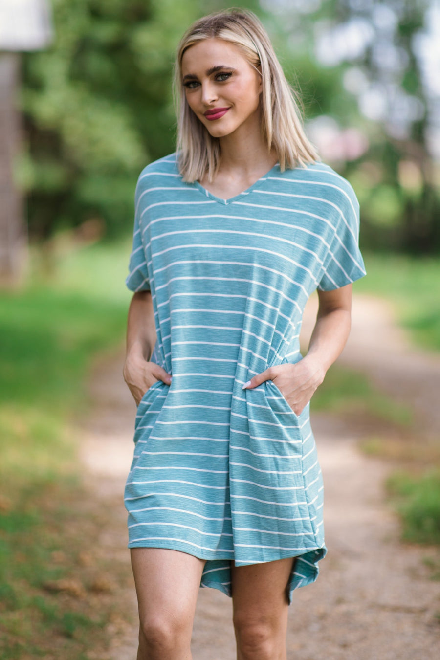 Teal and White Stripe Short Sleeve Dress - Filly Flair