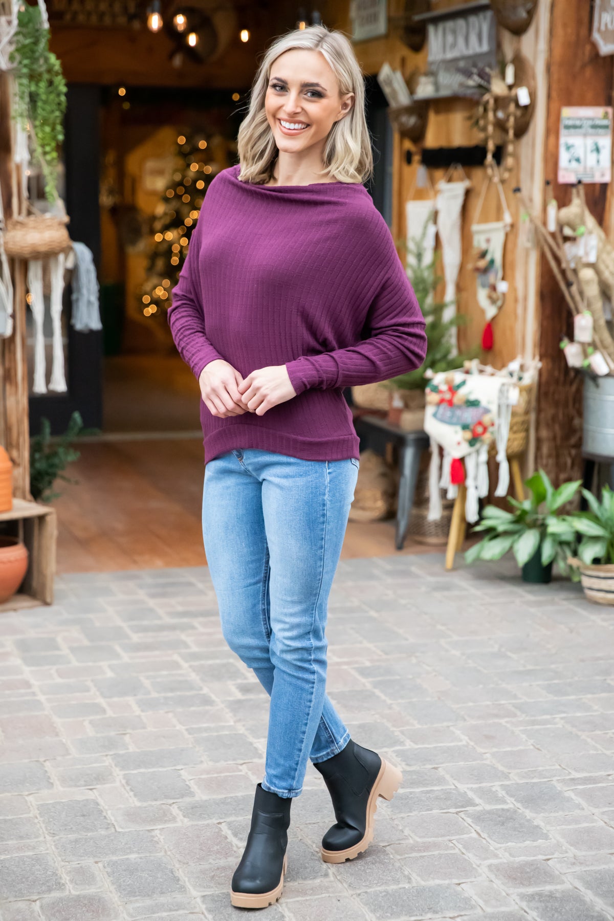 Purple Cowl Neck Waffle Knit Top - Filly Flair