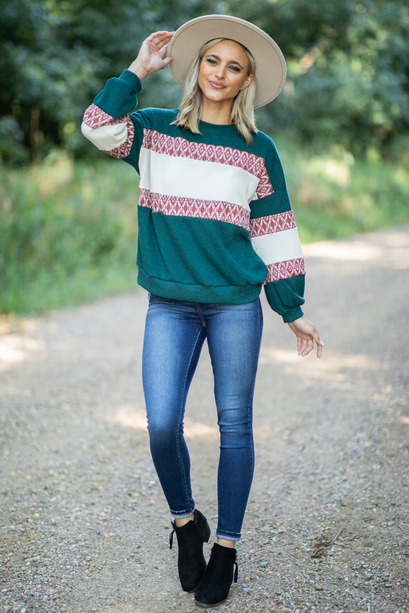 Emerald Green and Rust Aztec Colorblock Top - Filly Flair