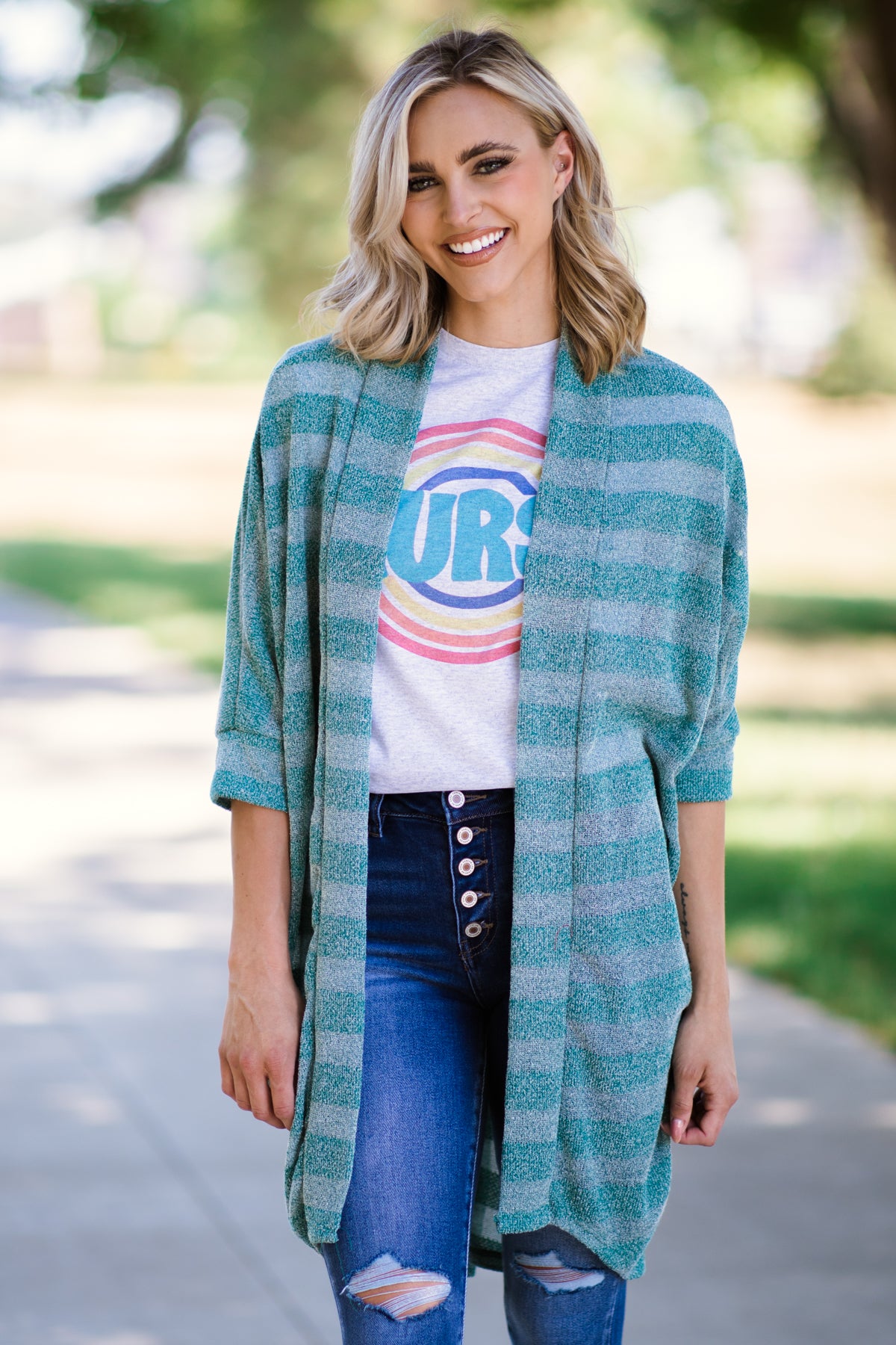 Teal Heathered Stripe Cardigan - Filly Flair
