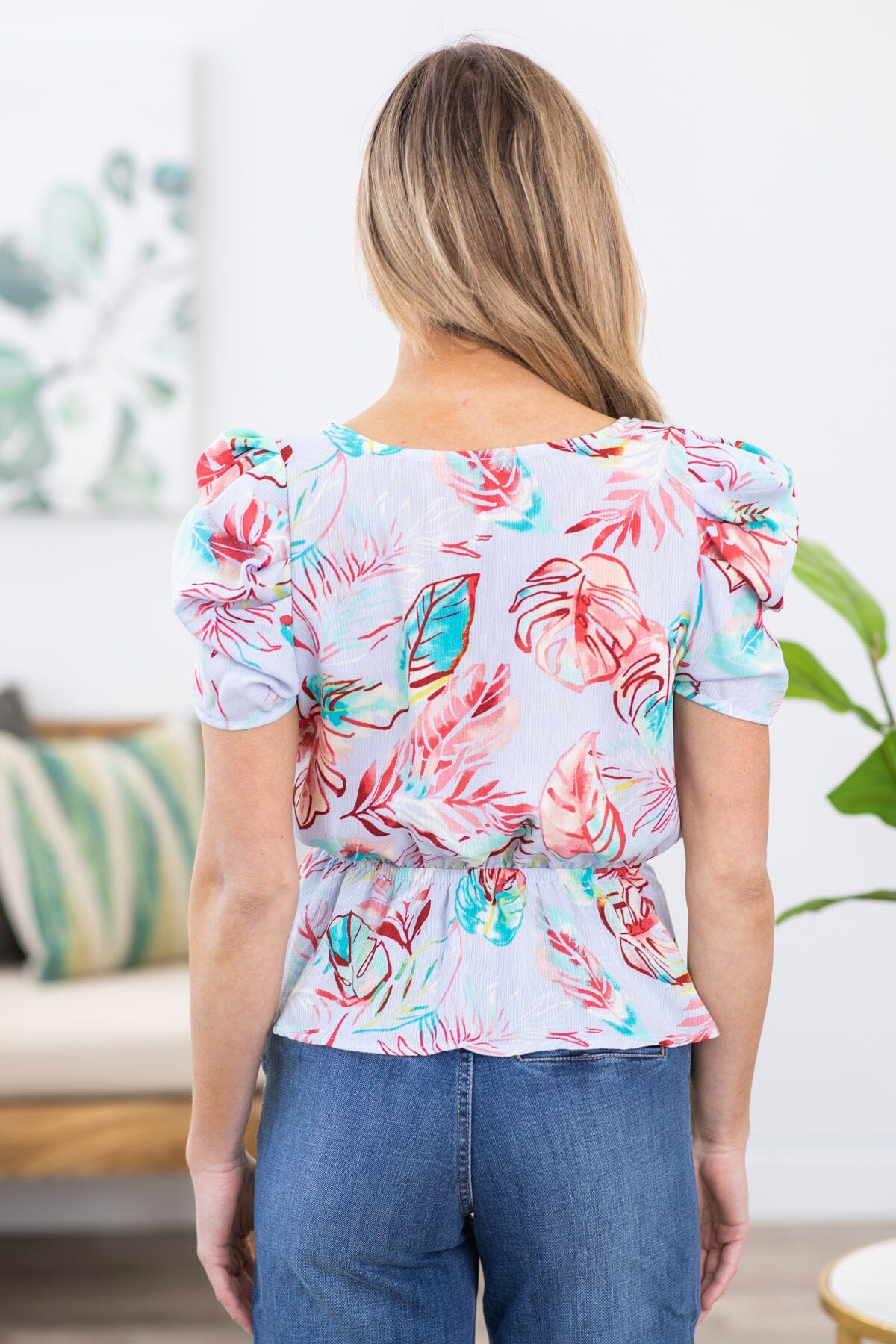 Pastel Blue Multicolor Floral Print Peplum Top - Filly Flair