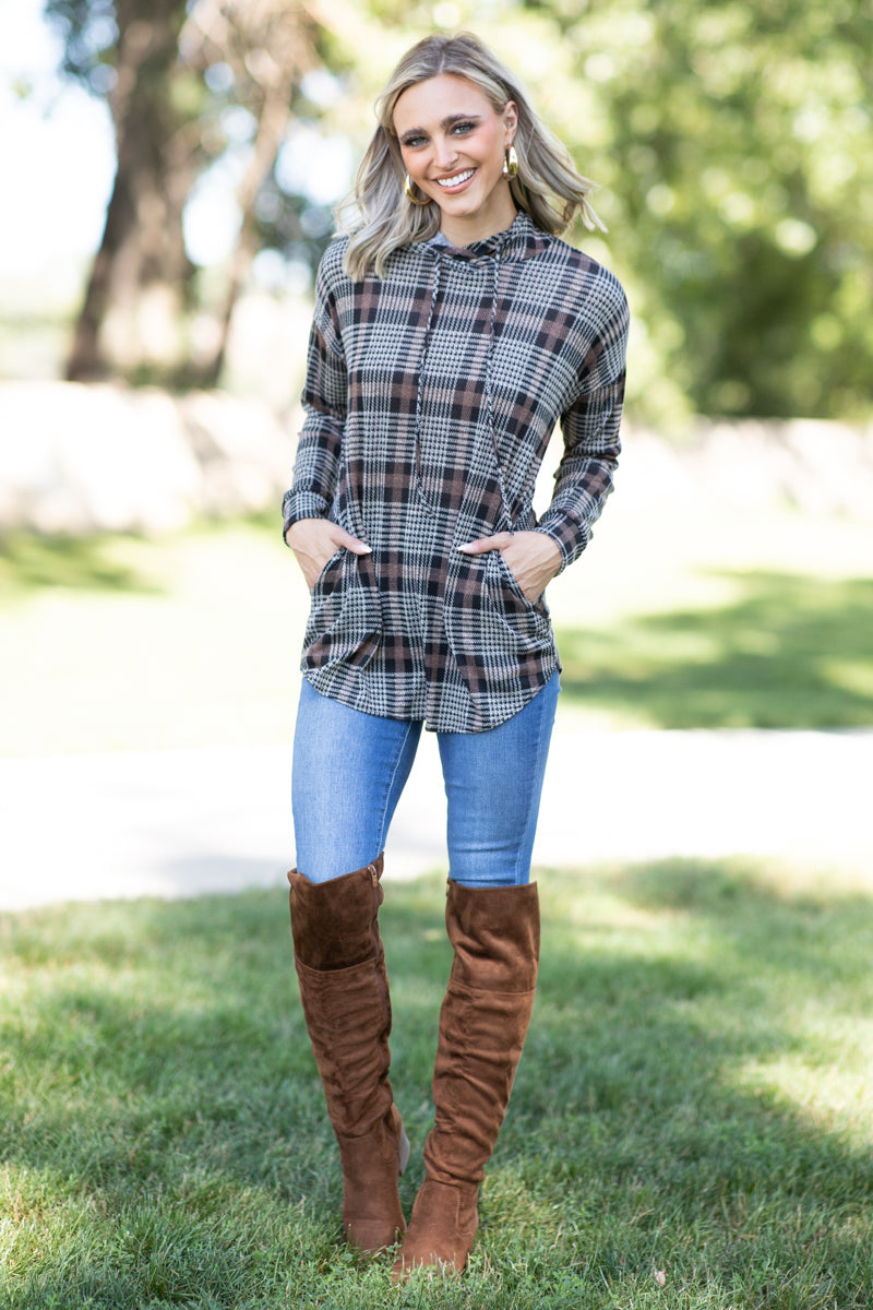 Taupe and Tan Plaid Hooded Top - Filly Flair
