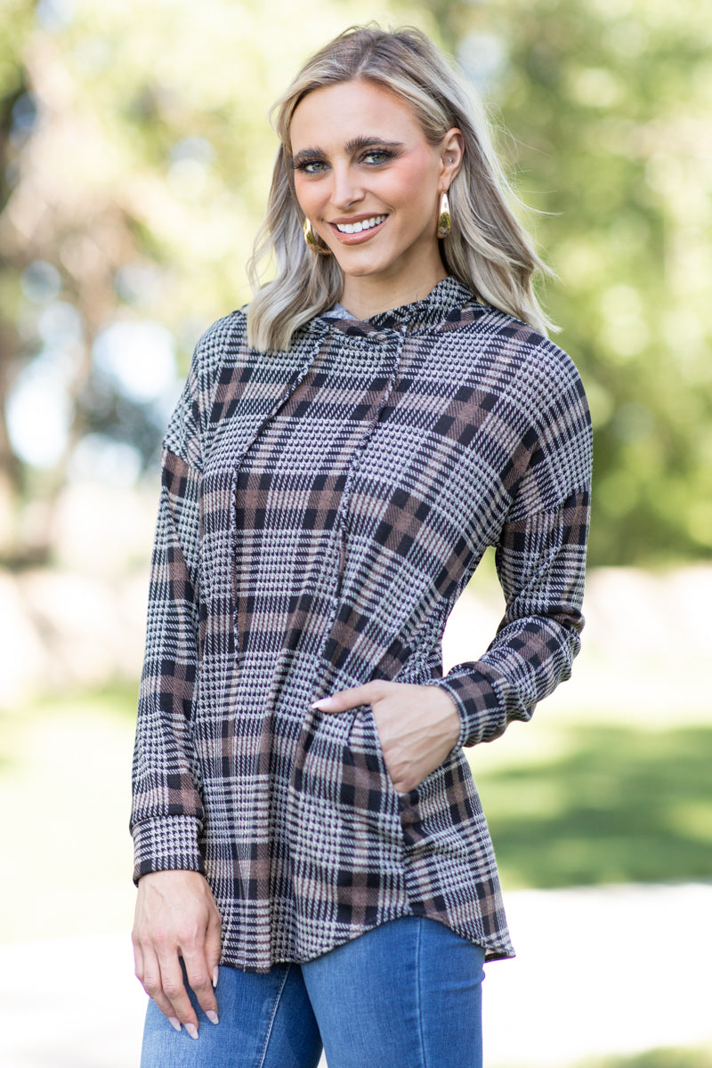 Taupe and Tan Plaid Hooded Top - Filly Flair