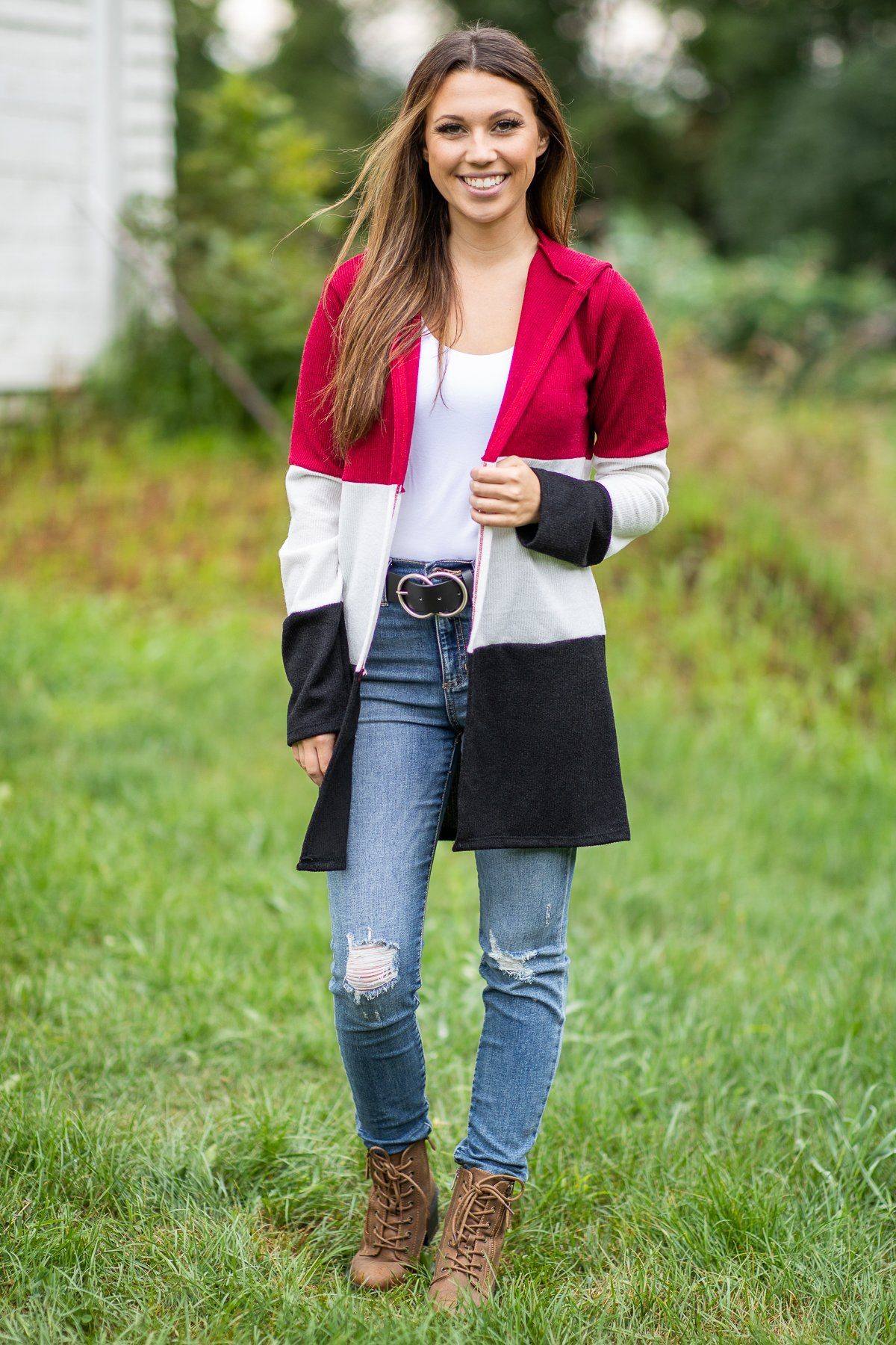Burgundy Colorblock Hooded Cardigan - Filly Flair