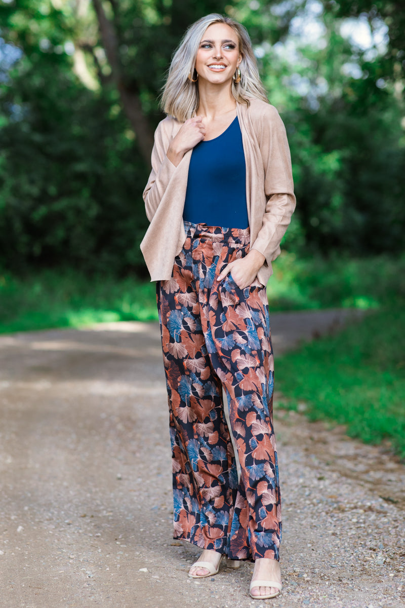 Slate Blue and Rust Floral Print Pants - Filly Flair