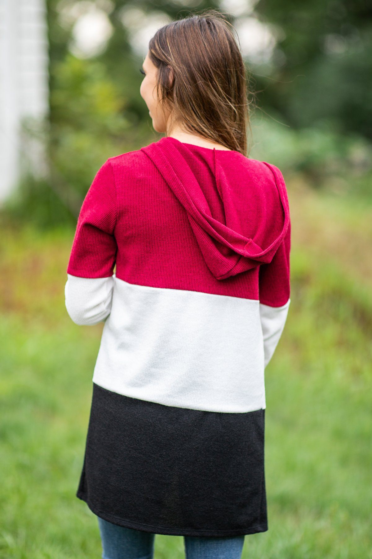 Burgundy Colorblock Hooded Cardigan - Filly Flair