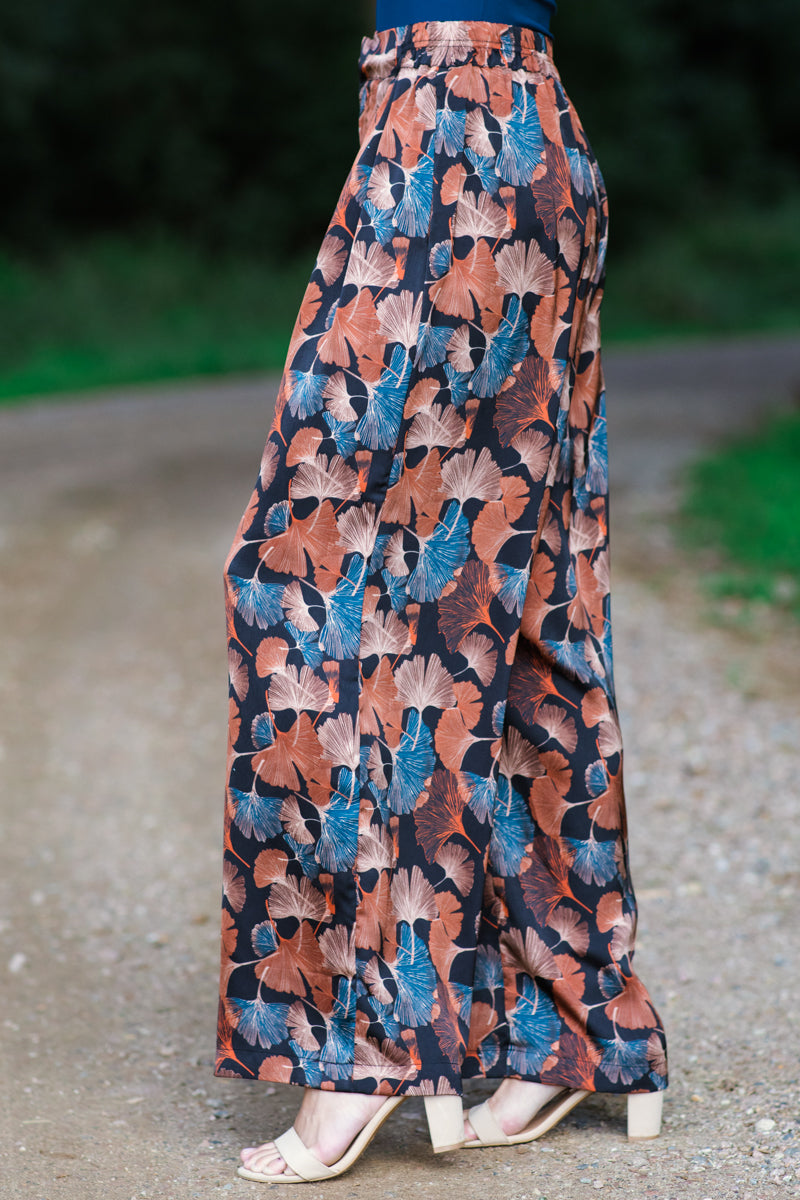 Slate Blue and Rust Floral Print Pants - Filly Flair