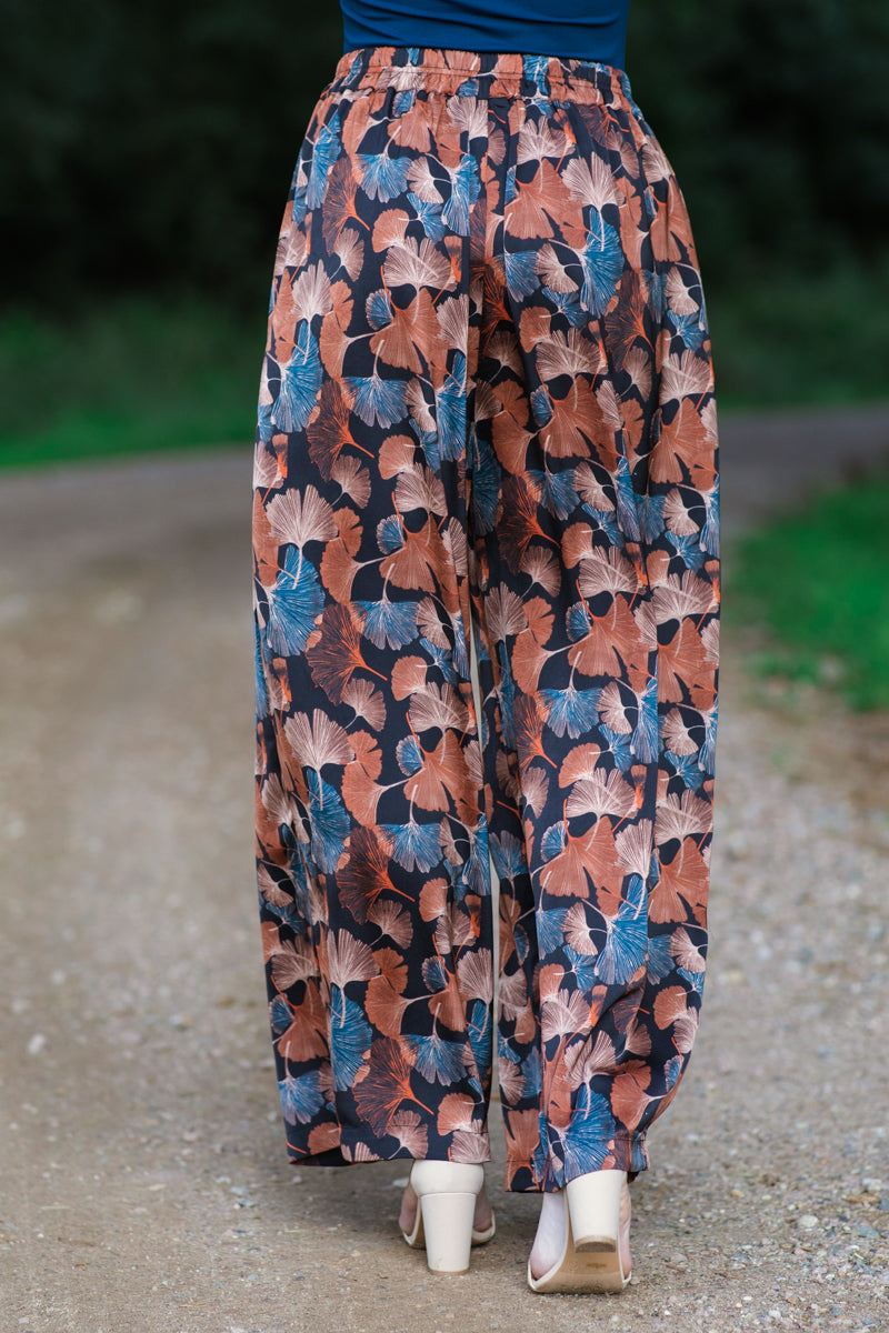 Slate Blue and Rust Floral Print Pants - Filly Flair