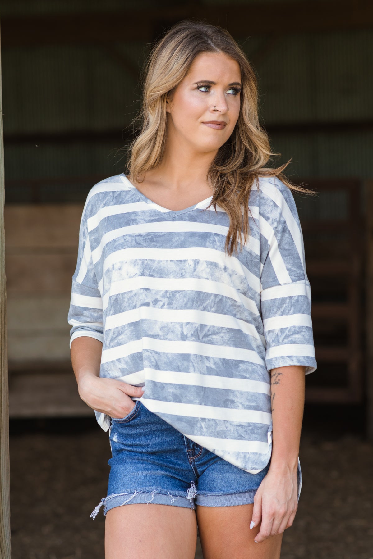 Grey and Ivory Stripe Drop Shoulder Top - Filly Flair