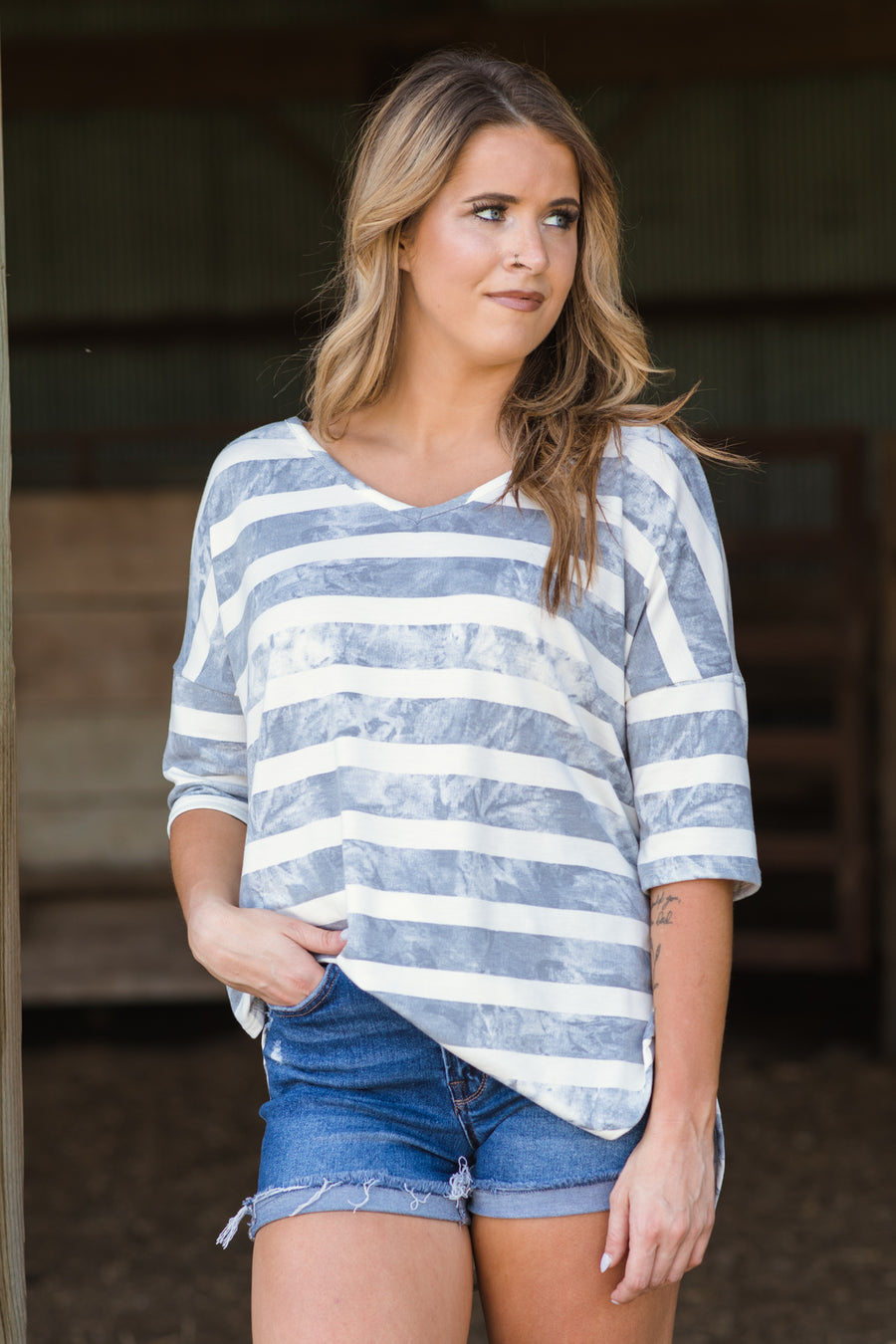 Grey and Ivory Stripe Drop Shoulder Top - Filly Flair