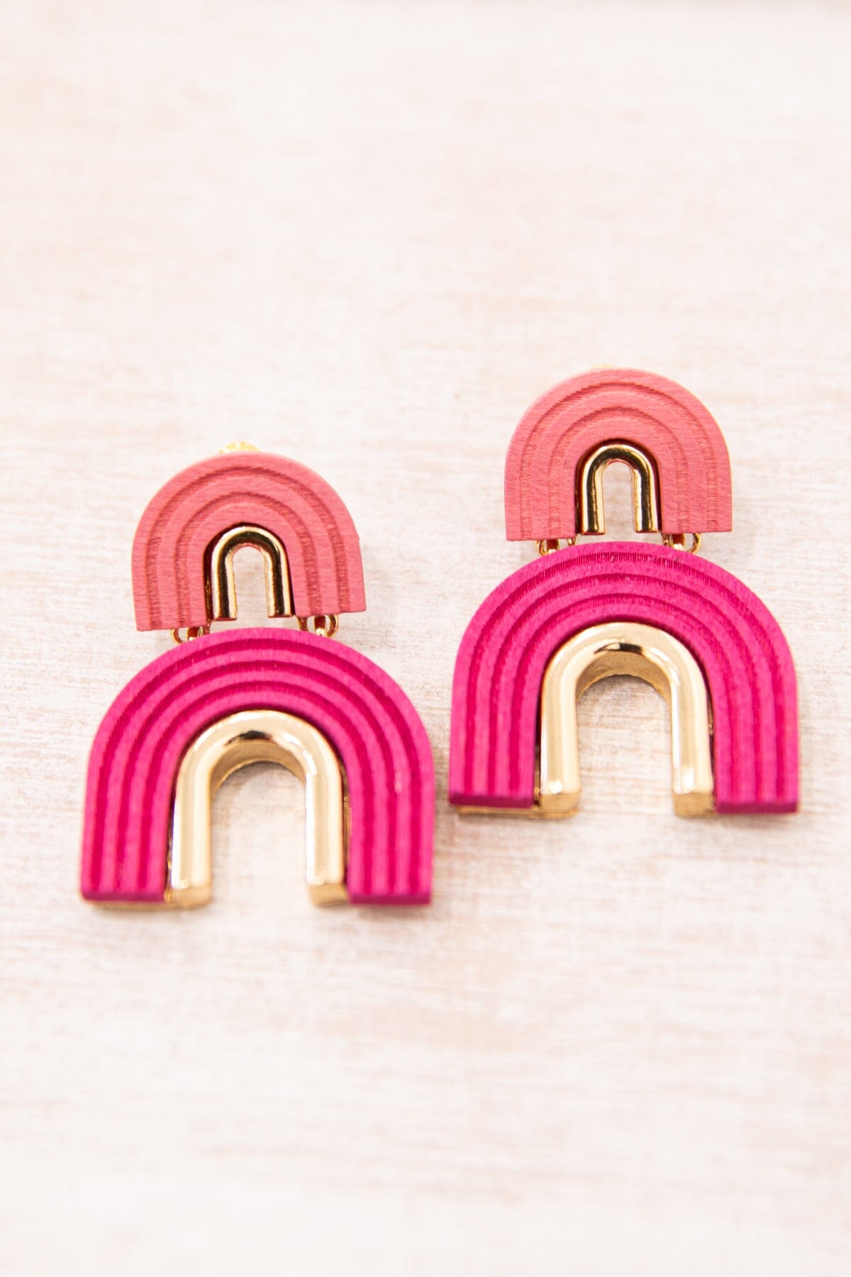 Hot Pink and Gold Rainbow Shape Wood Earrings - Filly Flair