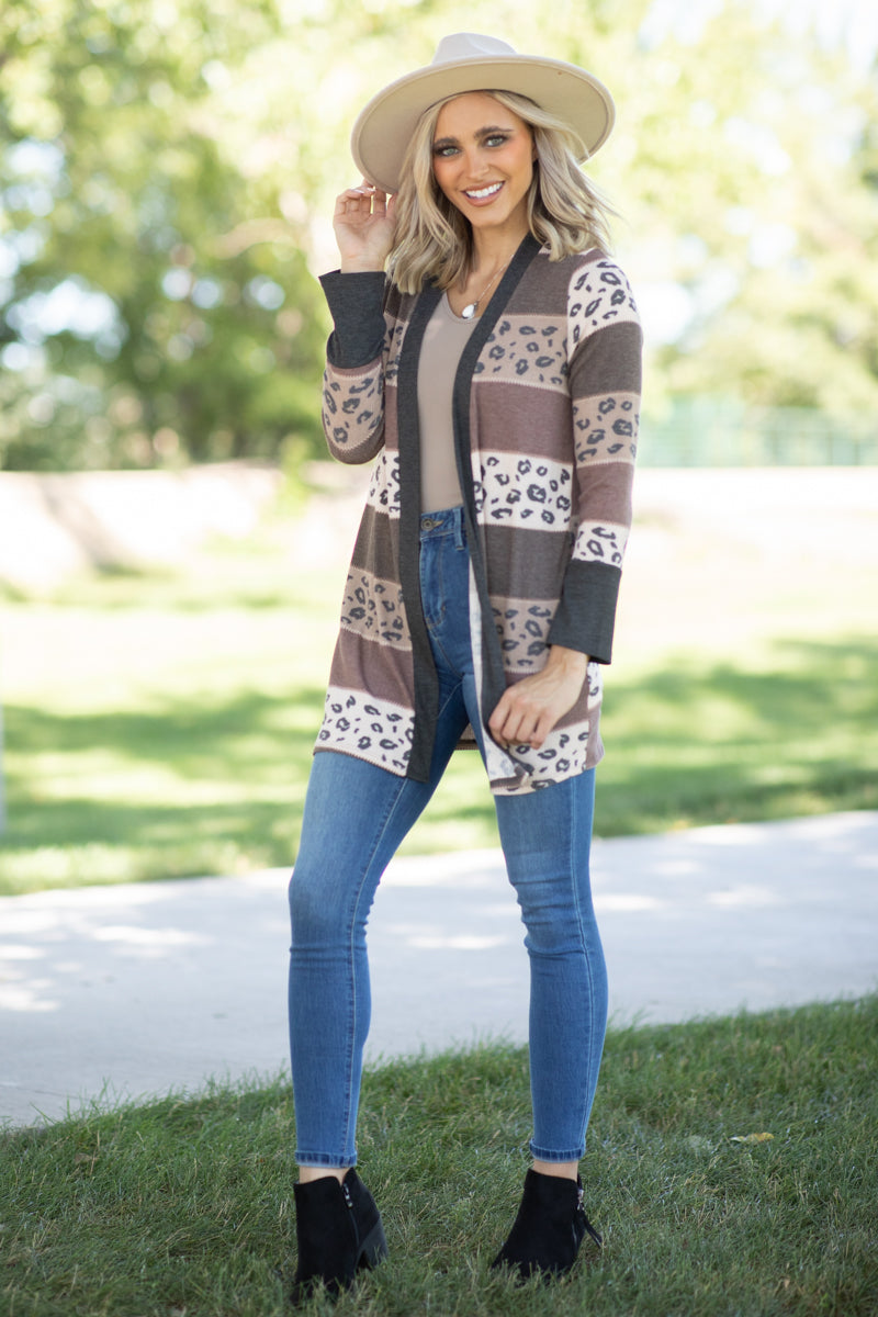 Mocha and Charcoal Animal Print Cardigan - Filly Flair