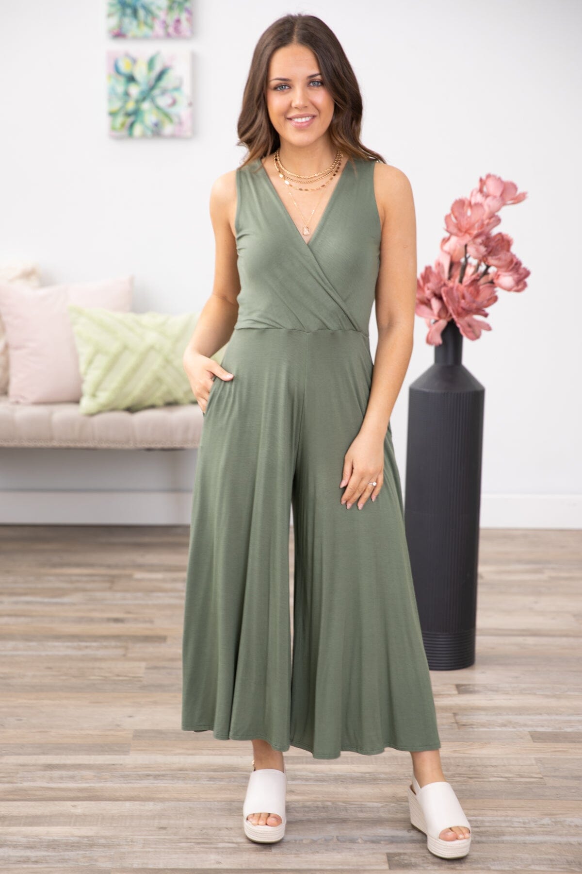 Olive Surplice Front Wide Leg Jumpsuit · Filly Flair
