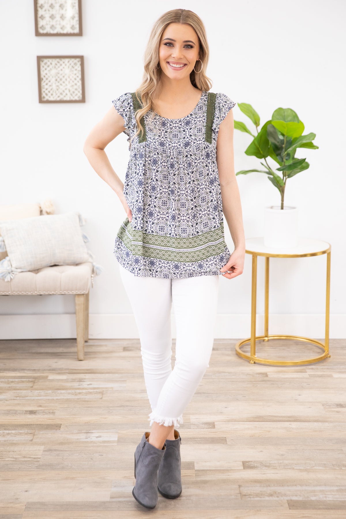White and Olive Geometric Print Top - Filly Flair