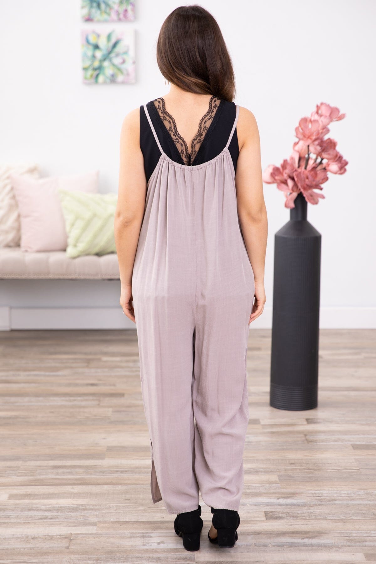 Dark Beige Wide Leg Jumpsuit With Pockets - Filly Flair
