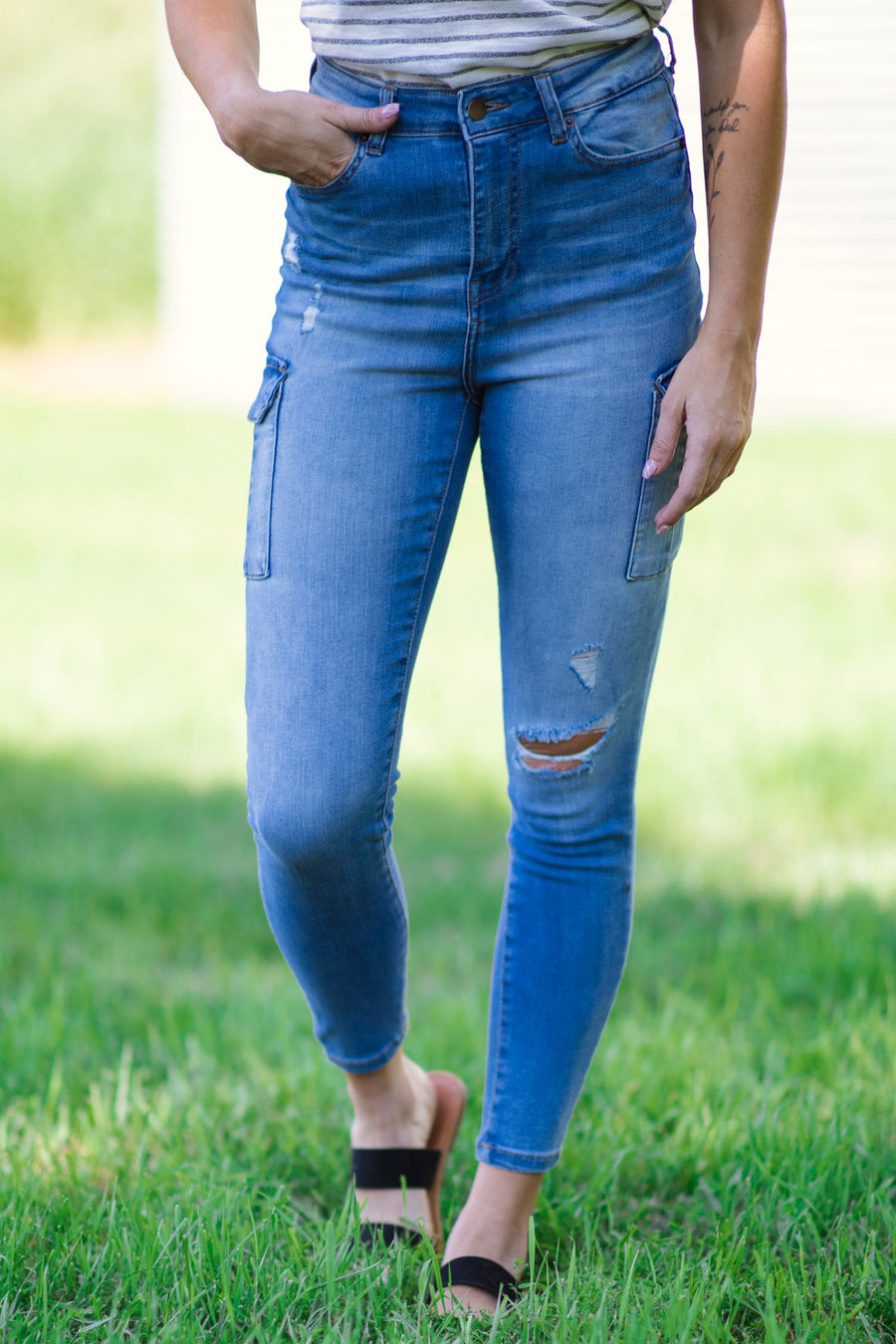 Medium Wash Distressed Jeans With Cargo Pocket - Filly Flair