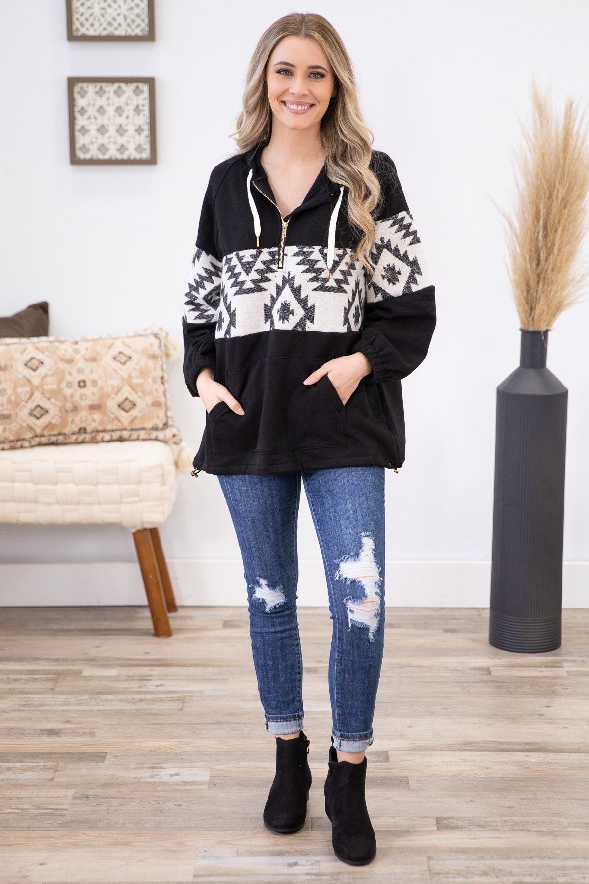 Black 1/4 Zip Pullover with Aztec - Filly Flair