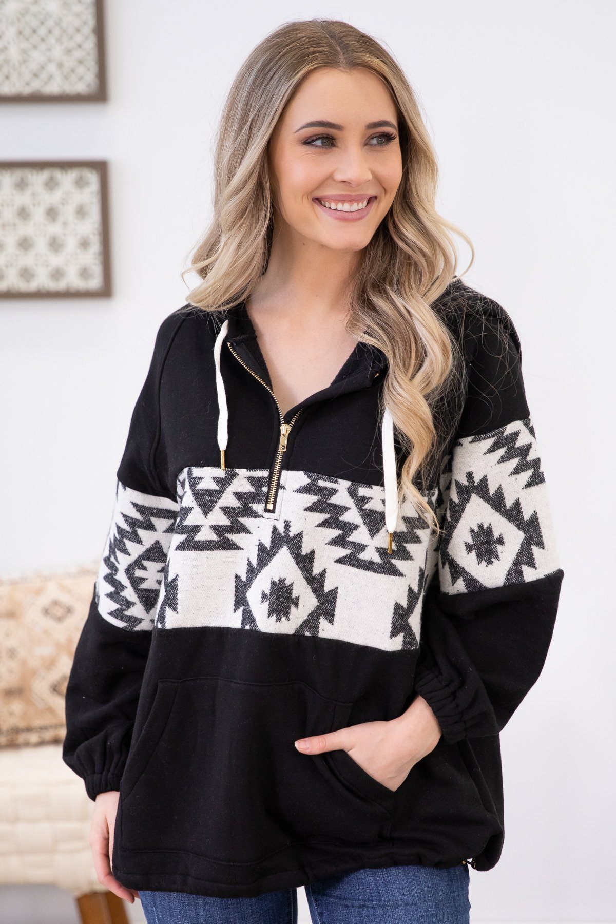 Black 1/4 Zip Pullover with Aztec - Filly Flair