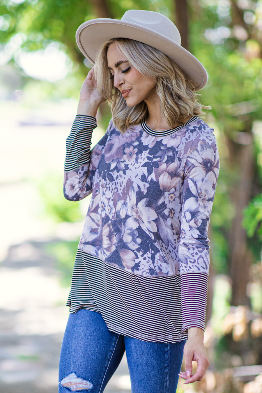 Charcoal Floral and Stripe Top - Filly Flair