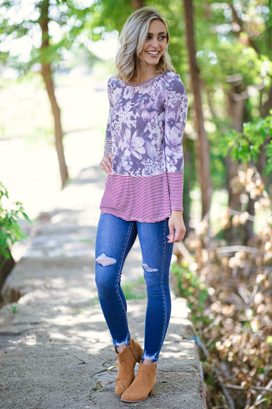 Burgundy Floral Print and Stripe Top - Filly Flair