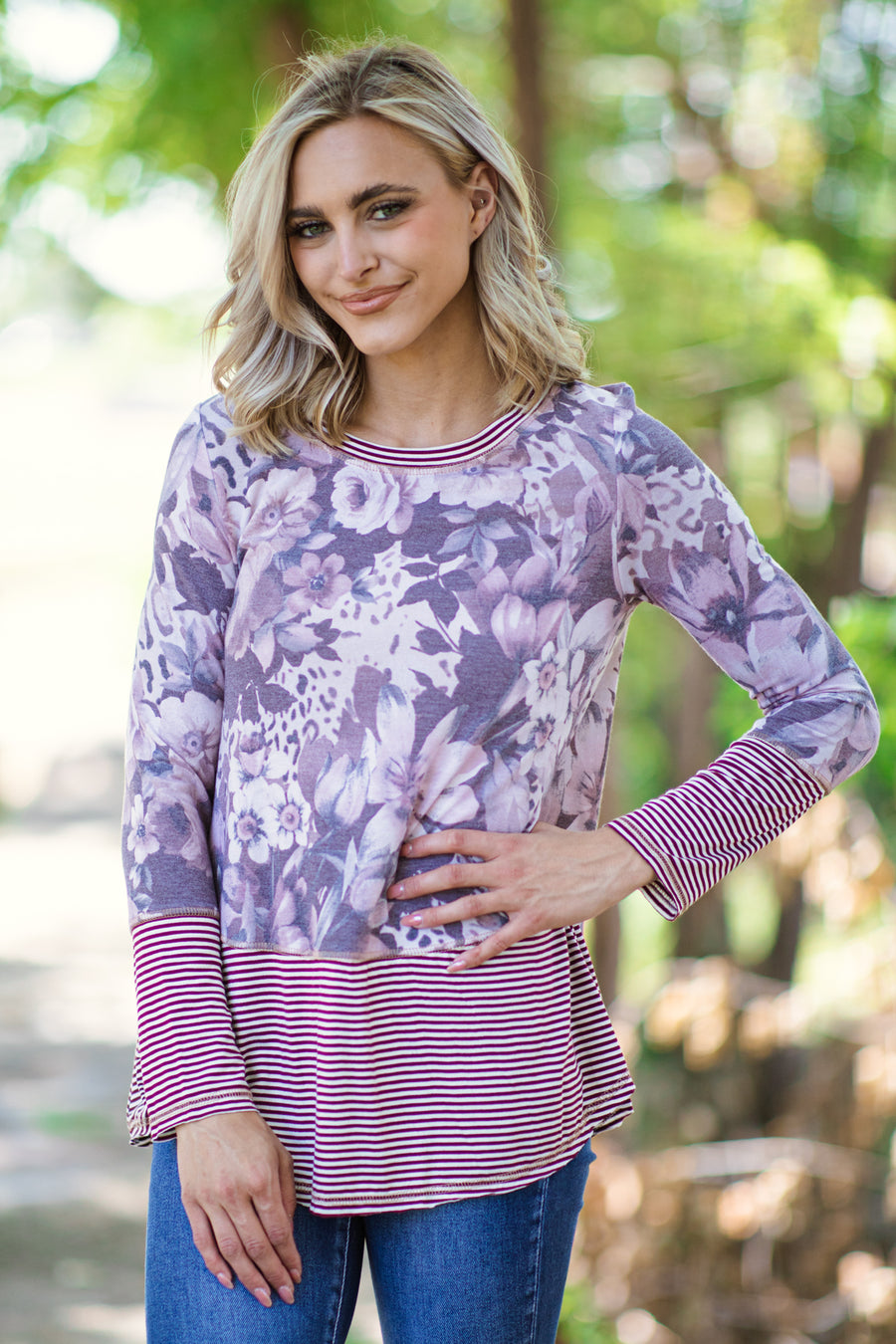Burgundy Floral Print and Stripe Top - Filly Flair