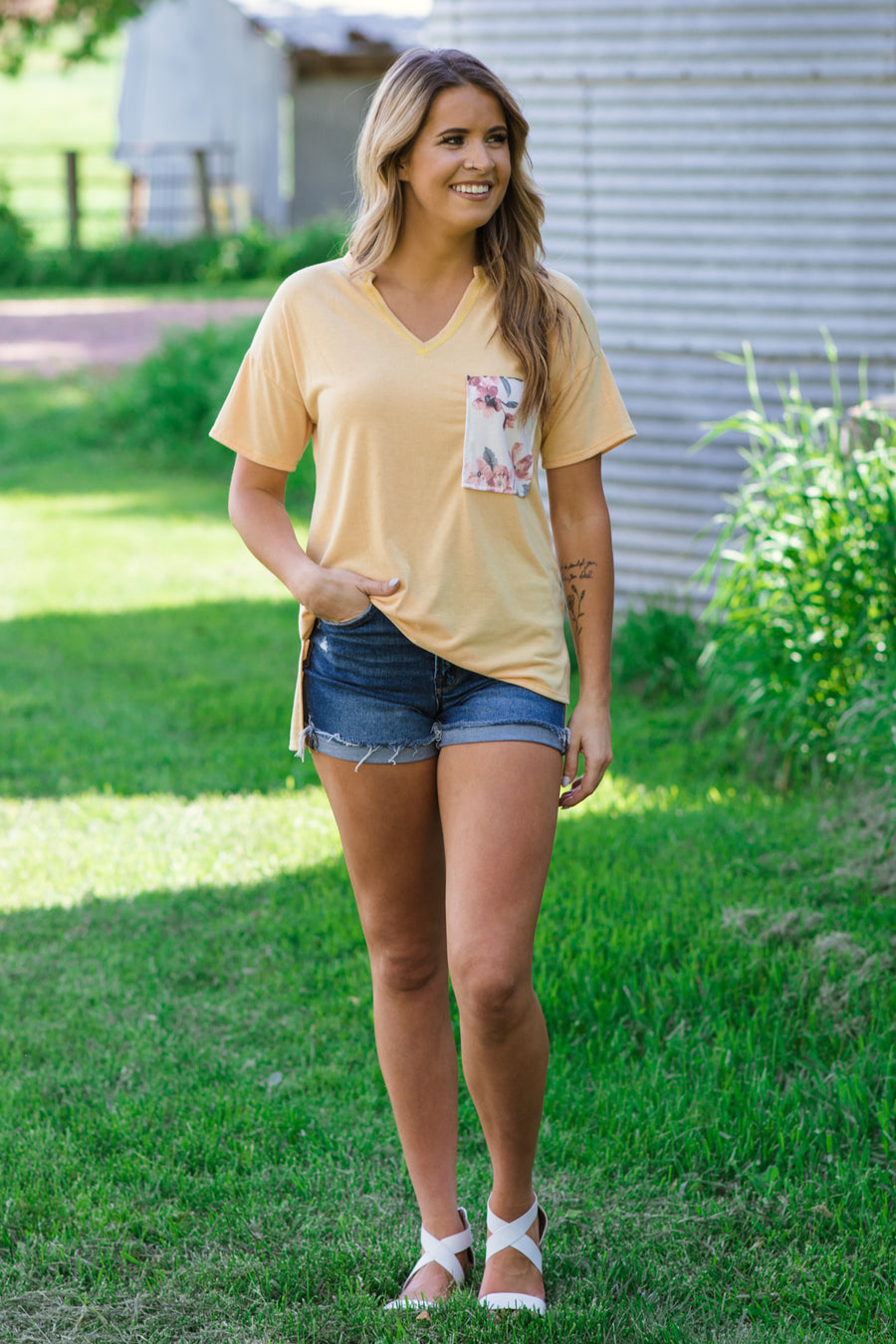 Yellow V-Neck Top with Floral Contrast - Filly Flair