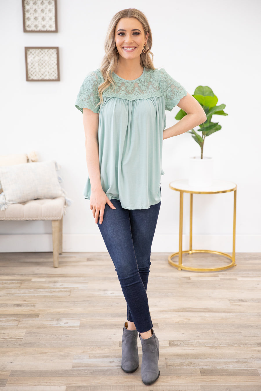 Mint Crochet Lace Short Sleeve Top - Filly Flair