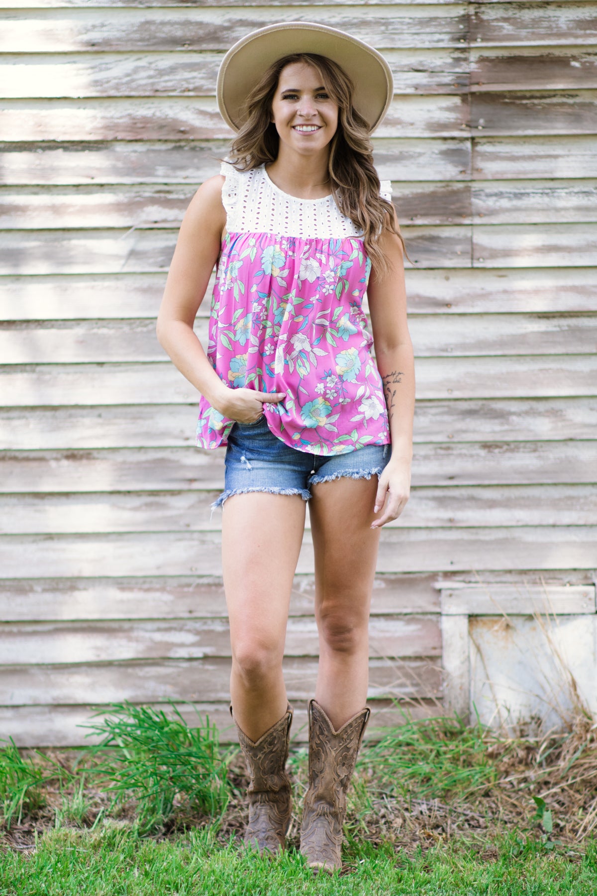 Pink Multicolor Floral Tank with Eyelet Yoke - Filly Flair